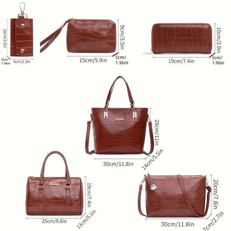 6pcs Vintage Women's Stylish Lacquer Crocodile Print Leather Handbag set Daily Commute Tote Shoulder Bag For Women Purse