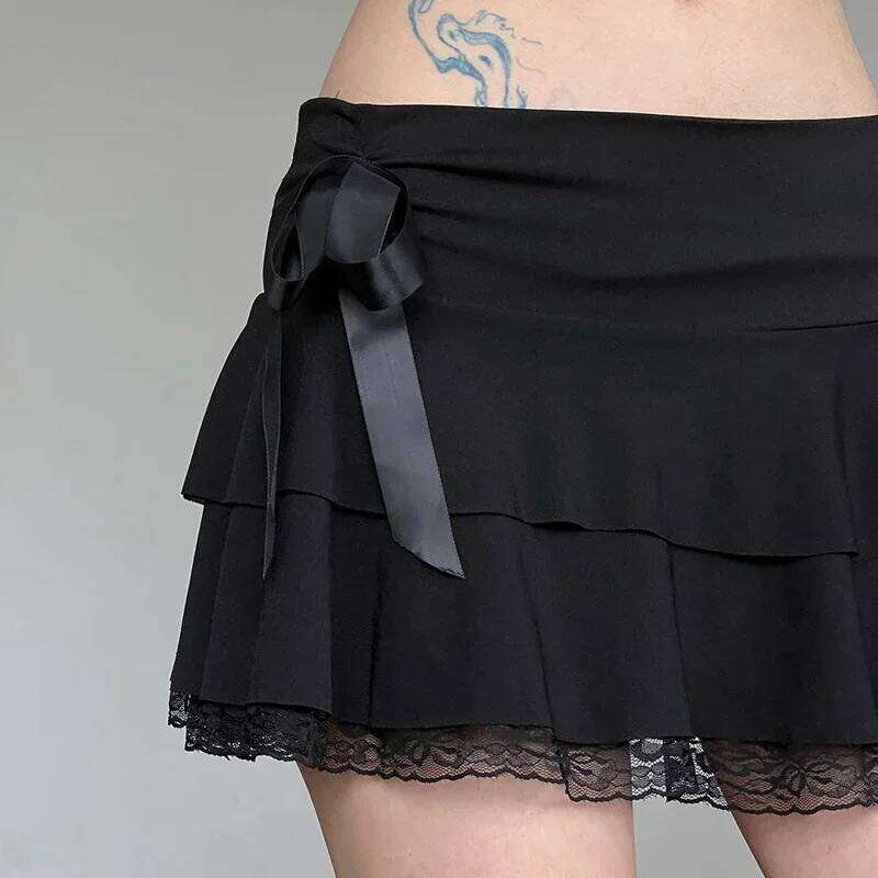 Dark Academia Lace A-line Mini Skirt Black Low Waisted Bow Stitching Short Skirts Y2K Gothic Cute Bottoms Streetwear XJ260131