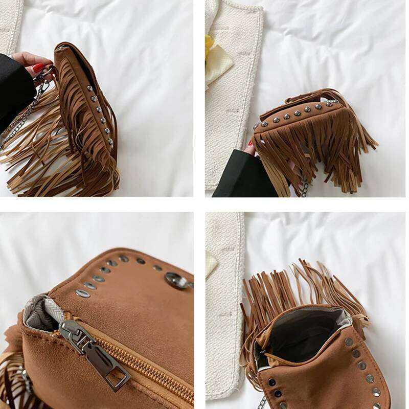 Women's Crossbody Vintage Tassel Shoulder Bag For Women Leather Punk Rivet Zipper Wallet Travel