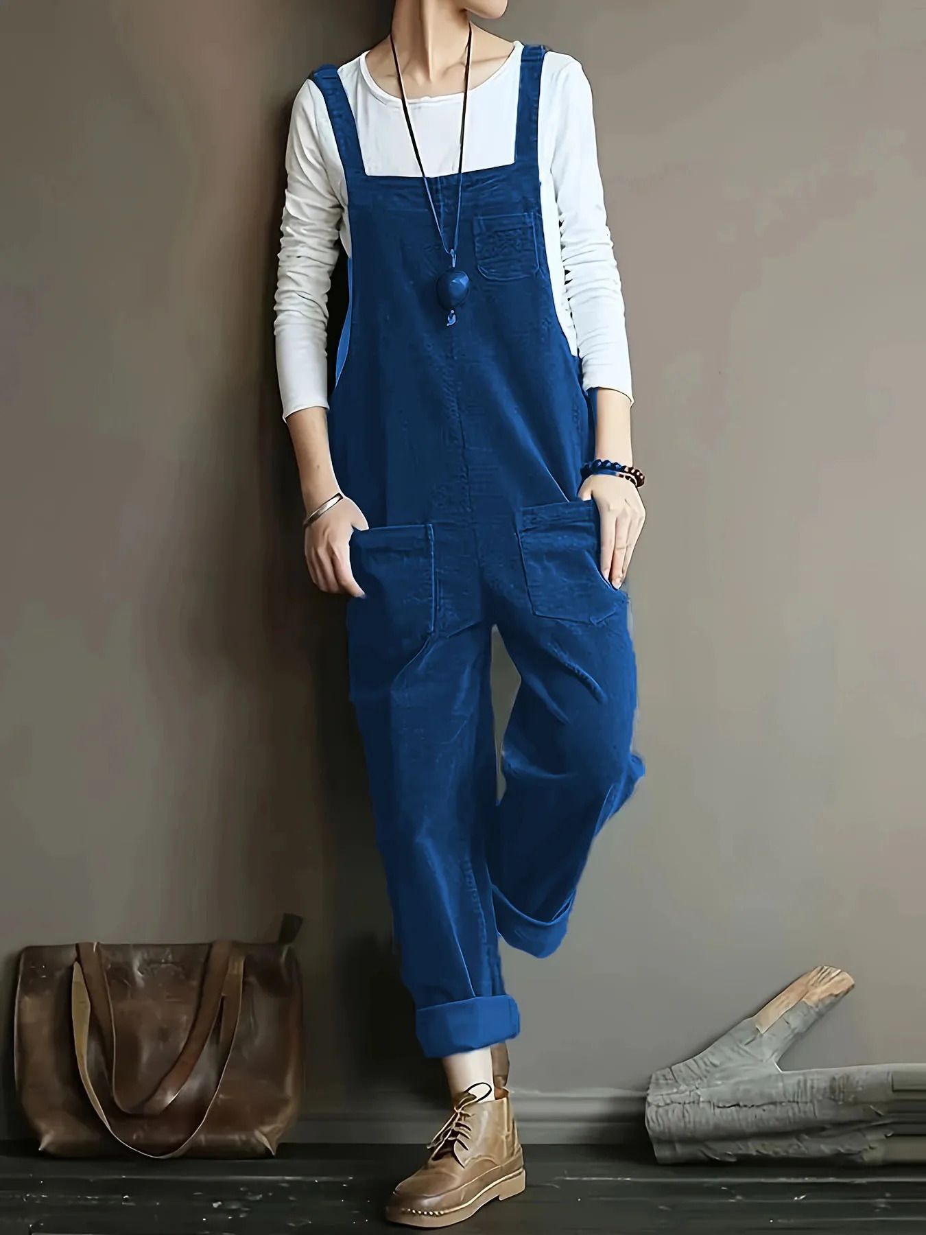 S5XL Women Corduroy Jumpsuit Pocket Wide Leg Solid Color Loose Sleeveless Simple Autumn Playsuits Rompers Streetwear 260120