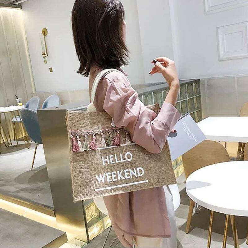 Canvas Handbag Women Large Capacity Tassel Shoulder Simple letter Top-handle Linen Lady Tote Shopping Weekend Bag Bolso XJ260130