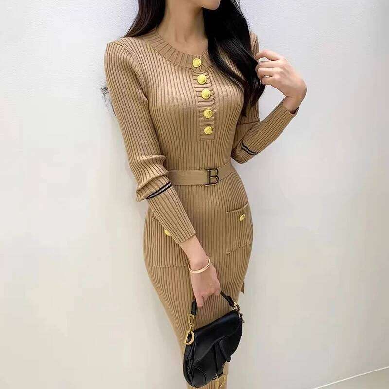 YuooMuoo Women Korean Fashion O-neck Slim Waist Knitted Pencil Dress with Belt Office Lady Bodycon Vestidos 2024 Winter XJ260131