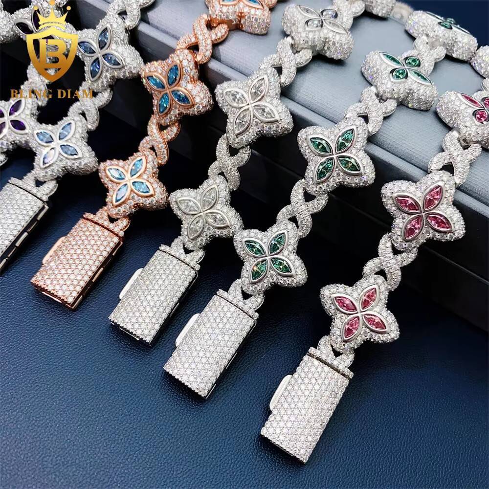19mm Multiple Options Marquise Cut Flower New Design Colorful 925 Sliver Moissanite Clover Iced Out Bracelet