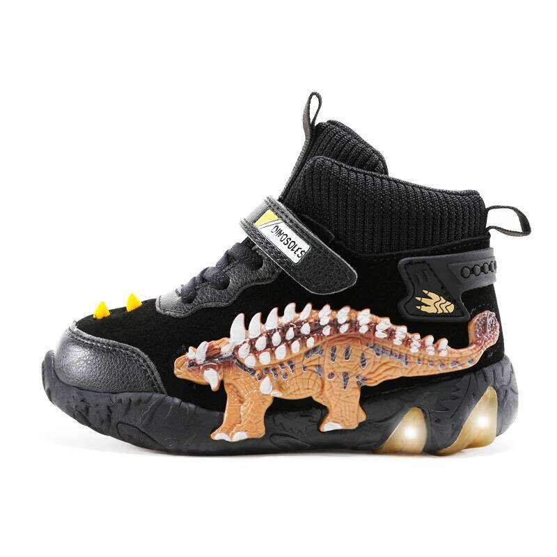 Children's Dinosaur Flash Shoes Autumn Winter for Boys New Genuine Leather Little Kids LED Light Up Casual Glowing Sneakers Y260128