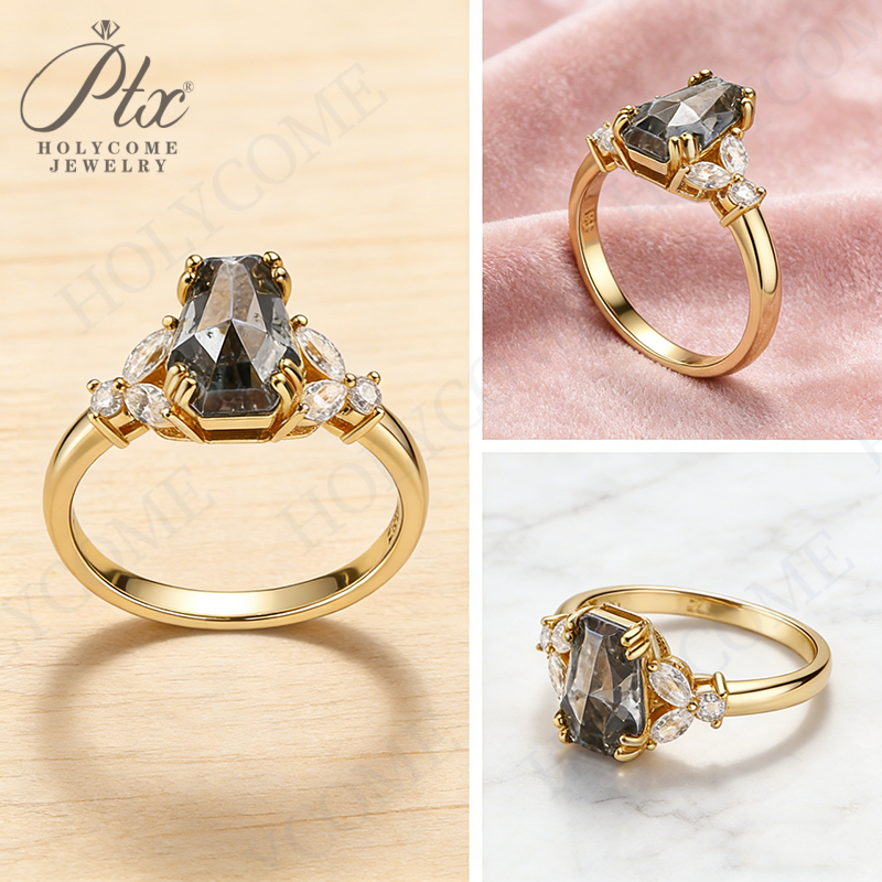 Customize Ring Salt and Pepper Moissanite Diamond Kite Pear Coffin Hexagon Half Moon Cut 925 Silver Wedding Vintage Jewelry