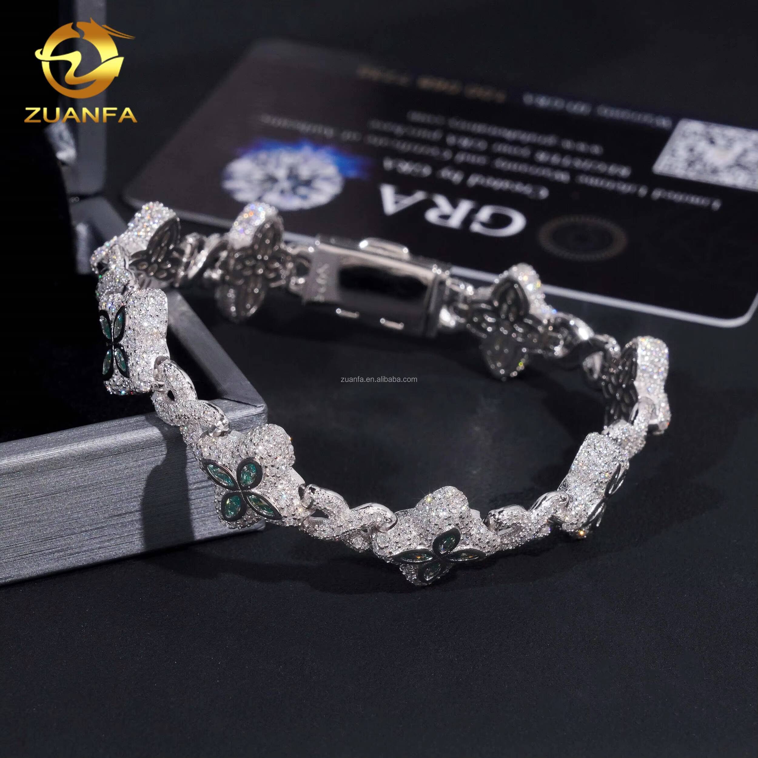 Unique Design 15mm Marquise Flower Hip Hop Jewelry Iced Out Multi Color Moissanite Diamond Clover Infinity Cuban Link Bracelet