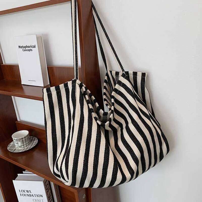 Women's Tote Striped Canvas Casual Handbags For Women Simple Shopping Large Capacity Woman Shopper School Shoulder Bag