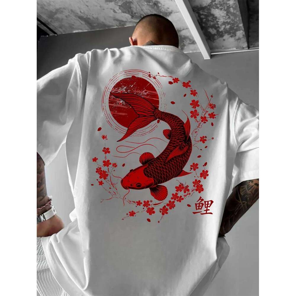 Japanese-style Koi Fish Men's T-shirt with Traditional Cherry Blossom and Sun Print Casual Oriental Style Summer Top C260131