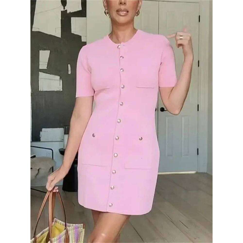 Pocket Knit Female Mini Autumn 2024 Ribbed High Waist Fashion Patchwork Elegant Party Knitwear Cardigan Dress XJ260131