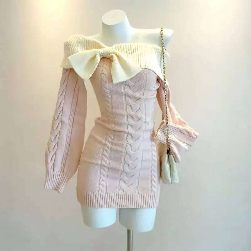Winter Korean Vintage Solid Sexy Bodycon Knitted Women Elegant Fashion Short Party Harajuku Y2k Bow Mini Dress New XJ260131