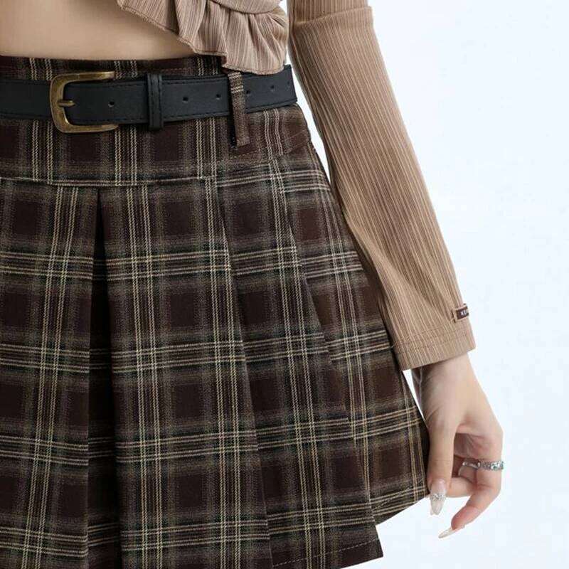 Preppy Plaid Mini Women High Waist A Line Belt Pleated Student Skirts Autumn Harajuku Sweet Casual Vintage Female Skirt XJ260131