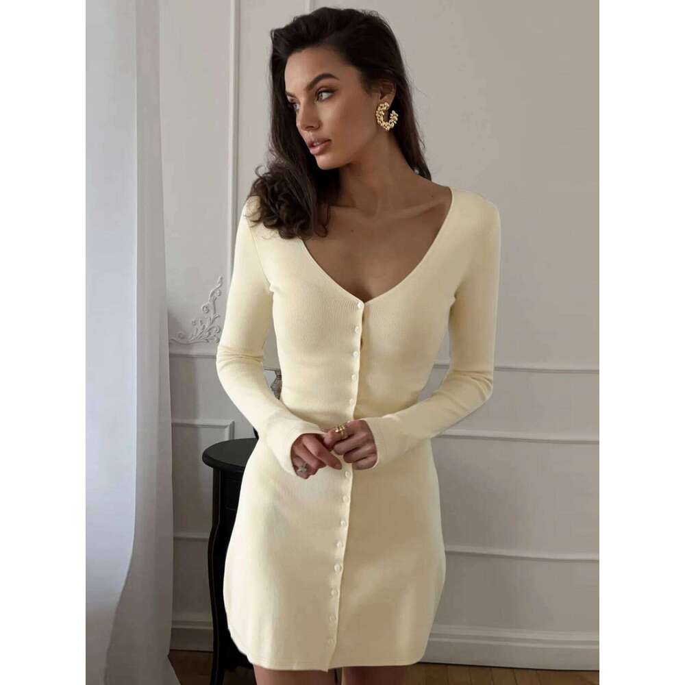 Dulzura 2025 Autumn Fashion Sexy V-Neck Long Sleeve Single Breasted Slim Mini Solid Casual Women Dress Party Club Clothes XJ260131