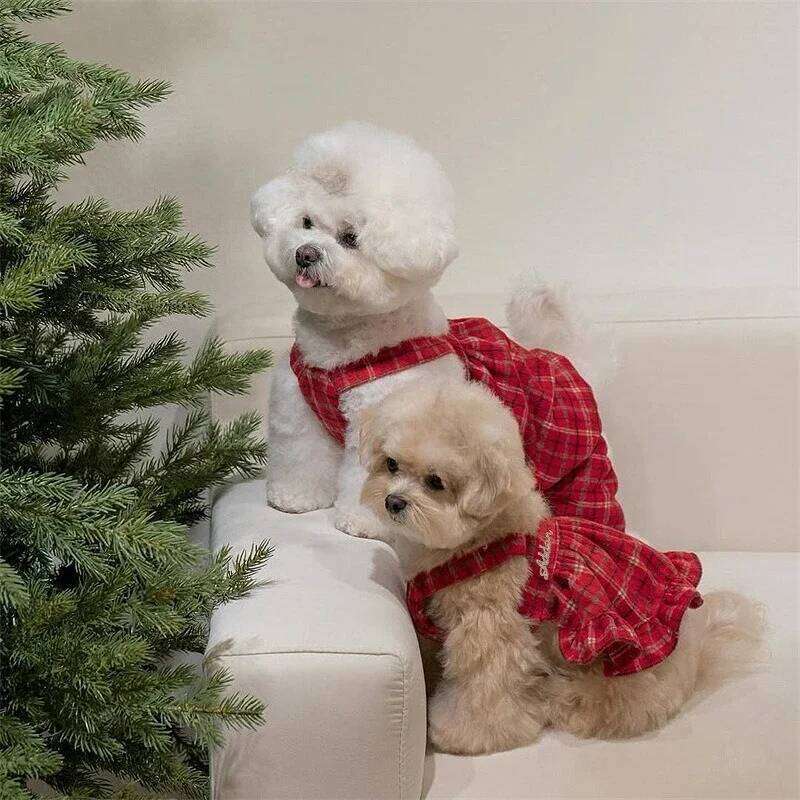 Pet Christmas Clothes Winter Puppy Dresses Embroidered Strap Checkered Bow Skirt Birthday New Year Small Medium Dog Coat H260130