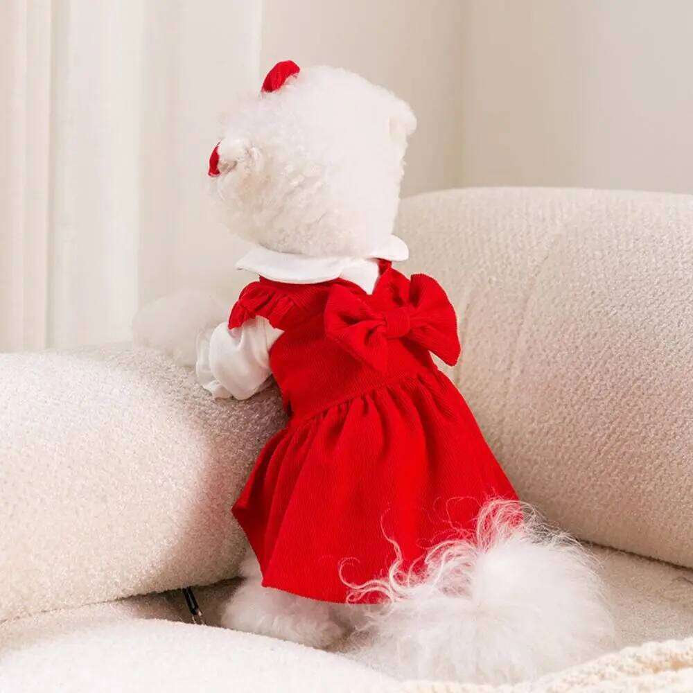 Clothing Pleated Corduroy New Year Christmas Elegant Bow Dog Skirt Cute Sweet Pet Costume Party H260129