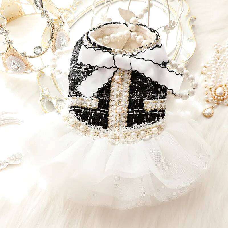 Fur Patchwork Mesh Dress Autumn Bow Sweater Coat Cat Princess Fluffy Winter Skirt Pearl Lace Small Dog Teddy Bear Pet H260129