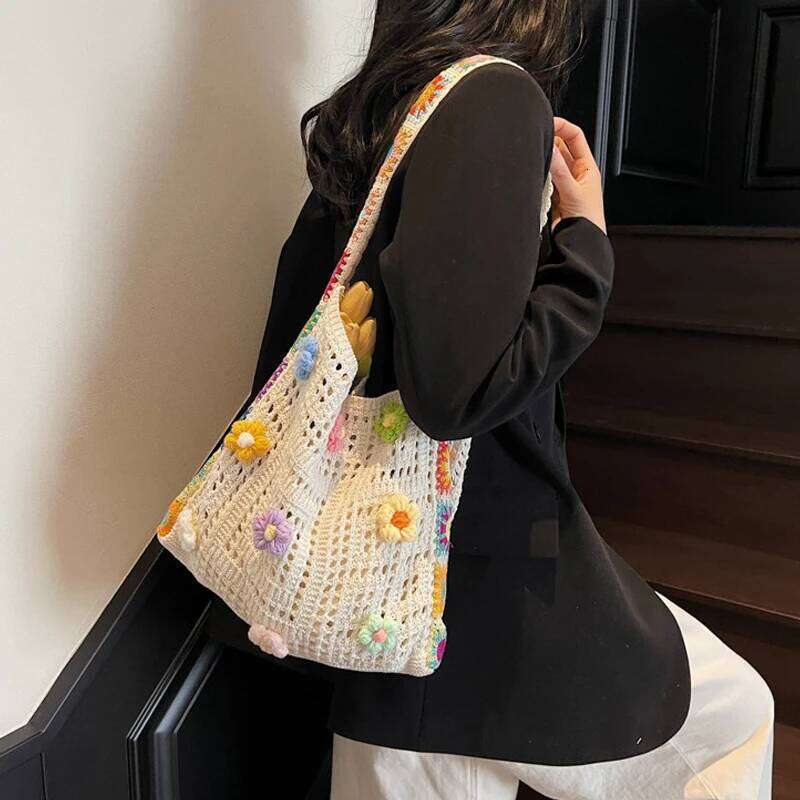 Women Cute Knitting Tote Wear Resist Lovely Woven Stylish Knit Shoulder Seaside Trip Shopping Beach Bag XJ260130