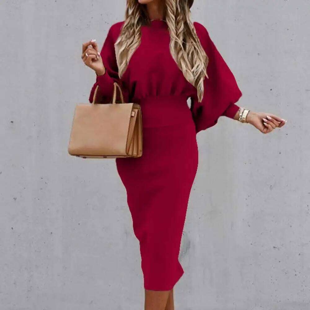 Crew Neck Elegant Lantern Sleeve High Waist Women Bodycorn Autumn Winter Office Ladies Midi Dress XJ260131