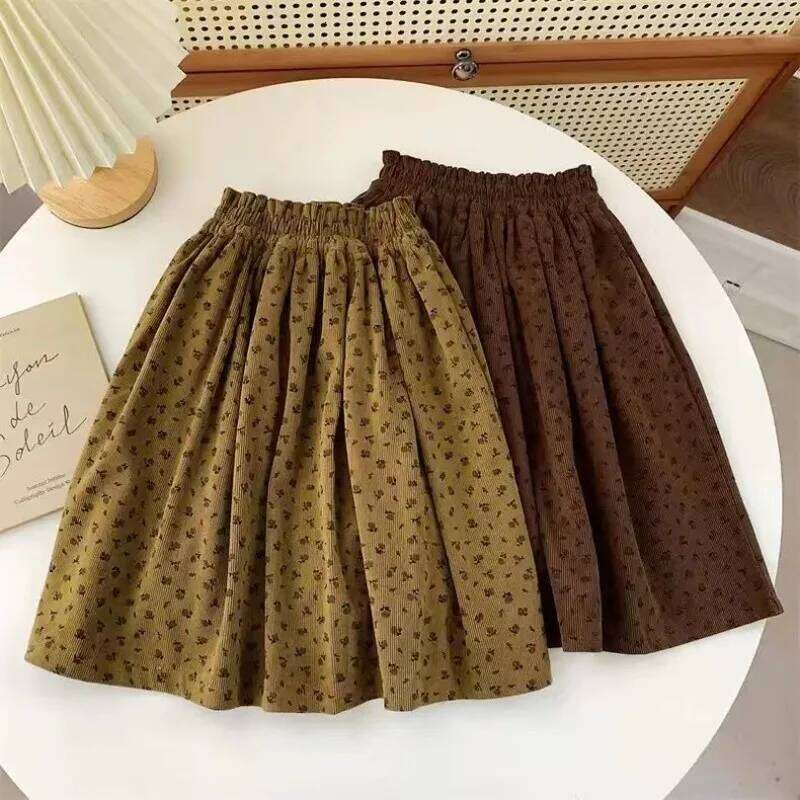 2025 Autumn New Girls' Vintage Floral Peplum Skirt French Bohemian Style Deep Caramel XJ260131