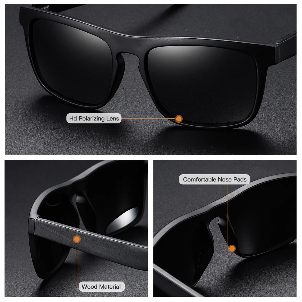GM Arrivals Black Wooden Polarized Sunglasses for Men Bamboo Sunglasses Red UV400 Lenses Fashion Driving Shades carton S5523 260120