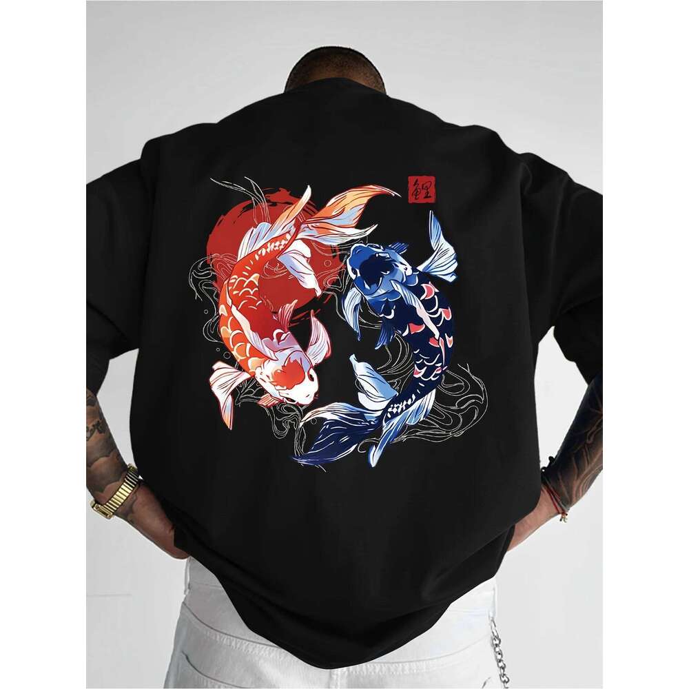 Koi Printed Pattern T-shirt Loose and Comfortable Pure Cotton Round Neck Short Sleeve Fashion Casual Trend Men's Clothing C260131