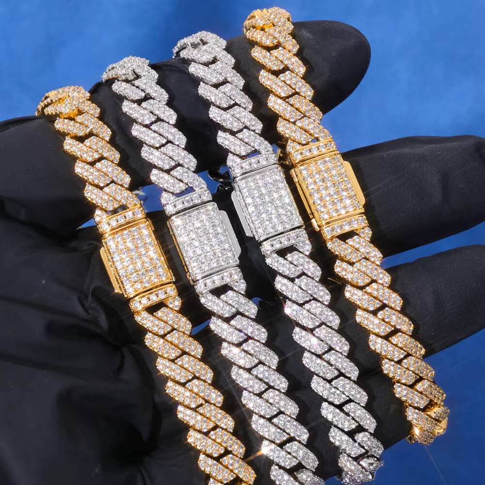 NUOYA Hiphop Hight Quality VVS Moissanite 8mm Flip Button Link Chain Necklace 8mm 925 Silver Cuban Chain Men Jewelry