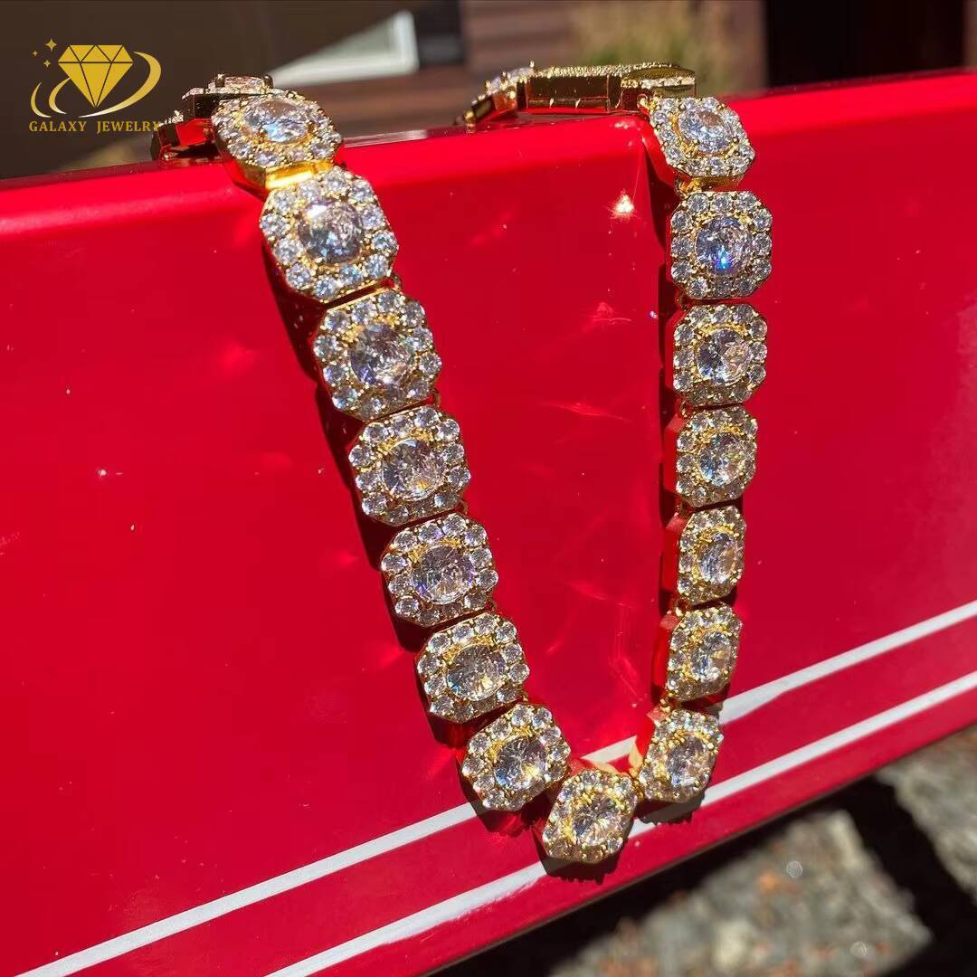 Fashion Jewelry Fine Iced Out 10mm Cluster Tennis Chain 925 Sterling Silver Vvs Moissanite Tennis Chain Bracelet Men
