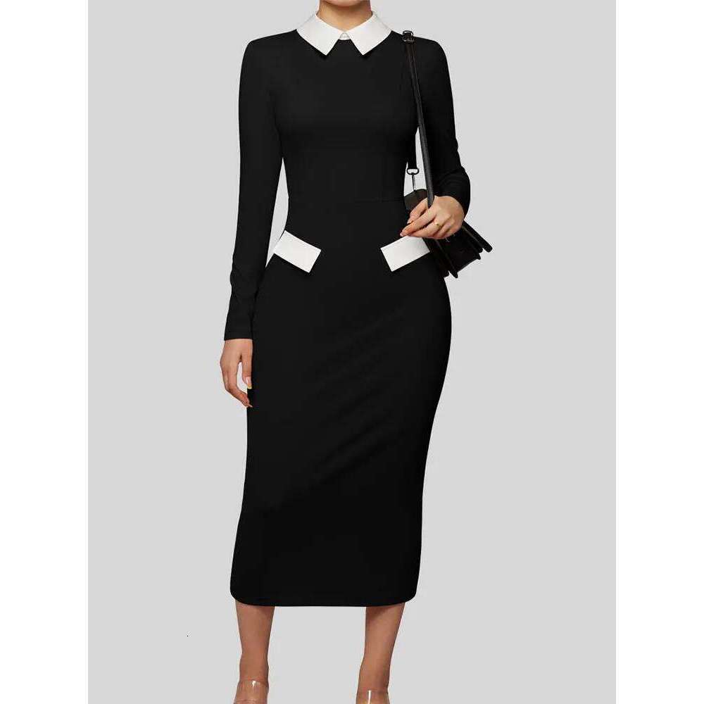 Elegant Fashion Women's Pencil Polo Collar Design Professional Long Sleeved Solid Color Office Lady Dress XJ260131