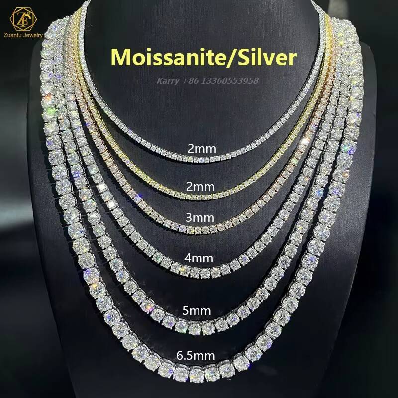 Hiphop Wholesale Custom 925 Silver Moissanite Prong Yellow Gold Rose Gold Plated 18in 20in 2mm 3mm 4mm 5mm 65mm Tennis Chain