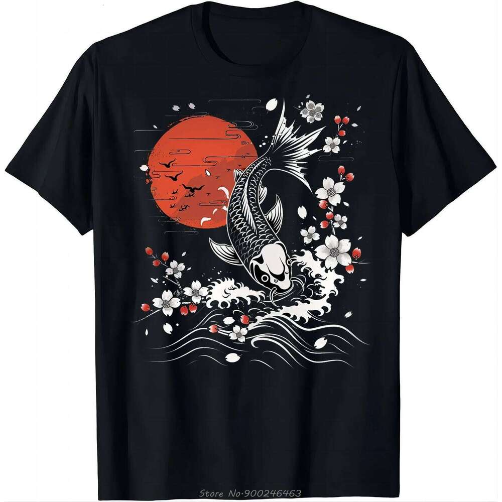 Koi Carp Cherry Blossom Print Graphic Men Women Short Sleeve T Shirt Tops C260131