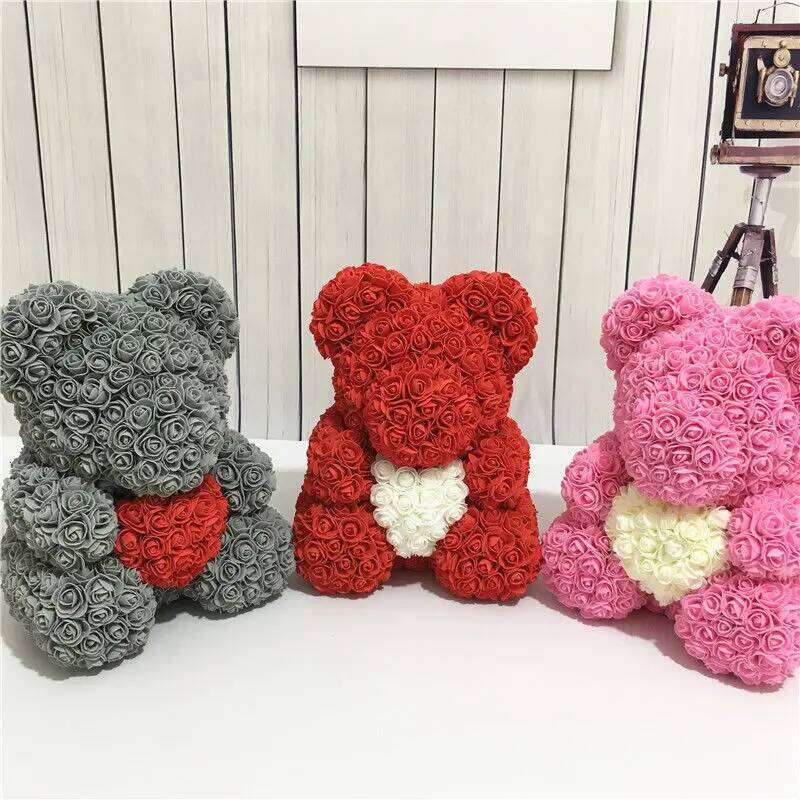 Lovely Big Red Rose Flower Bear Toys Ornaments Gifts for Valentines's Day 25cm Store Gift on march 8 Y260131