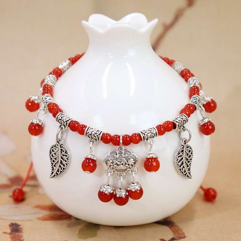 New Women's Summer String Natural Red Agate Vintage Peace Lock Tassel Bell Zodiac Year Anklet Accessories