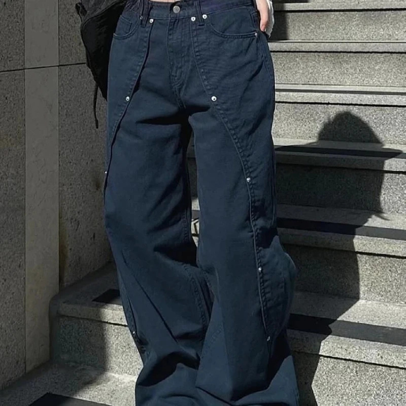 Jeans for Woman Y2k Clothes Relaxed Loose Fit Wide Leg Trousers Vintage American Retro Style with Rivet Patchwork Split 260120