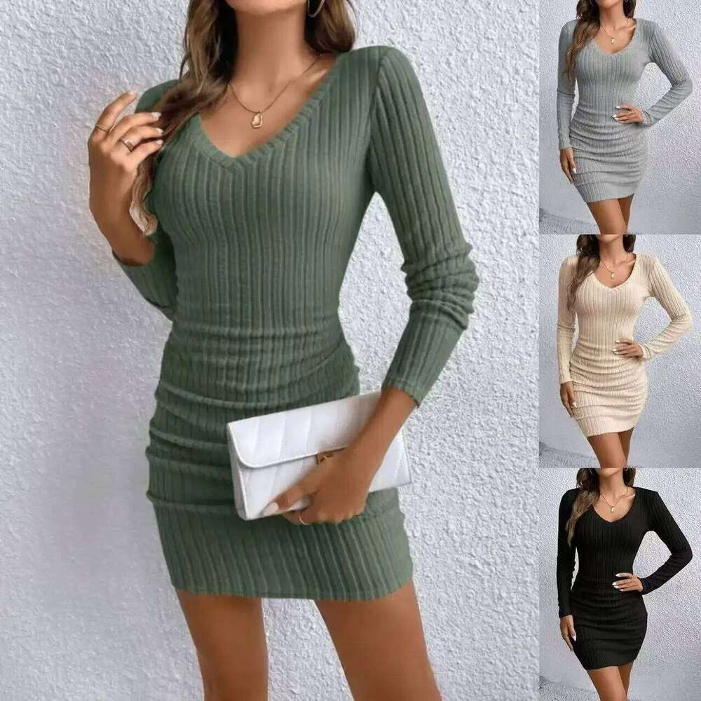 hot Hip Skirt Spring and Autumn Women's New Ribbed V-neck Slim-fitting Long-sleeved Dress 2025 XJ260131