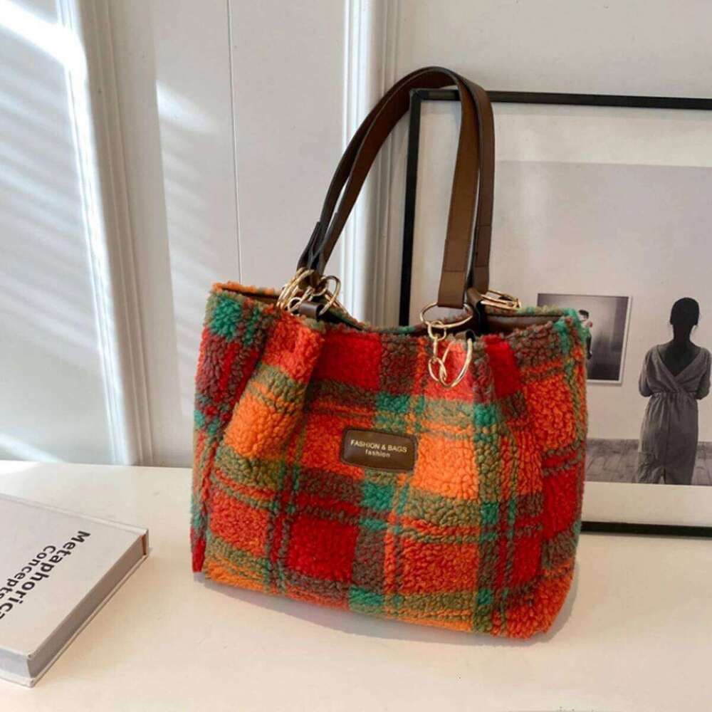 Red plush autumn and winter new lamb velvet hand underarm Fashion plaid shoulder large capacity Tote bag XJ260130