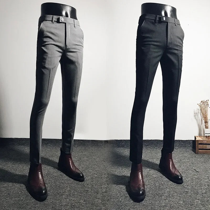 Casual Business Mens Black Stretchy Cropped Pants Trendy Korean Style Slim Fit Suit Summer Wear 260120