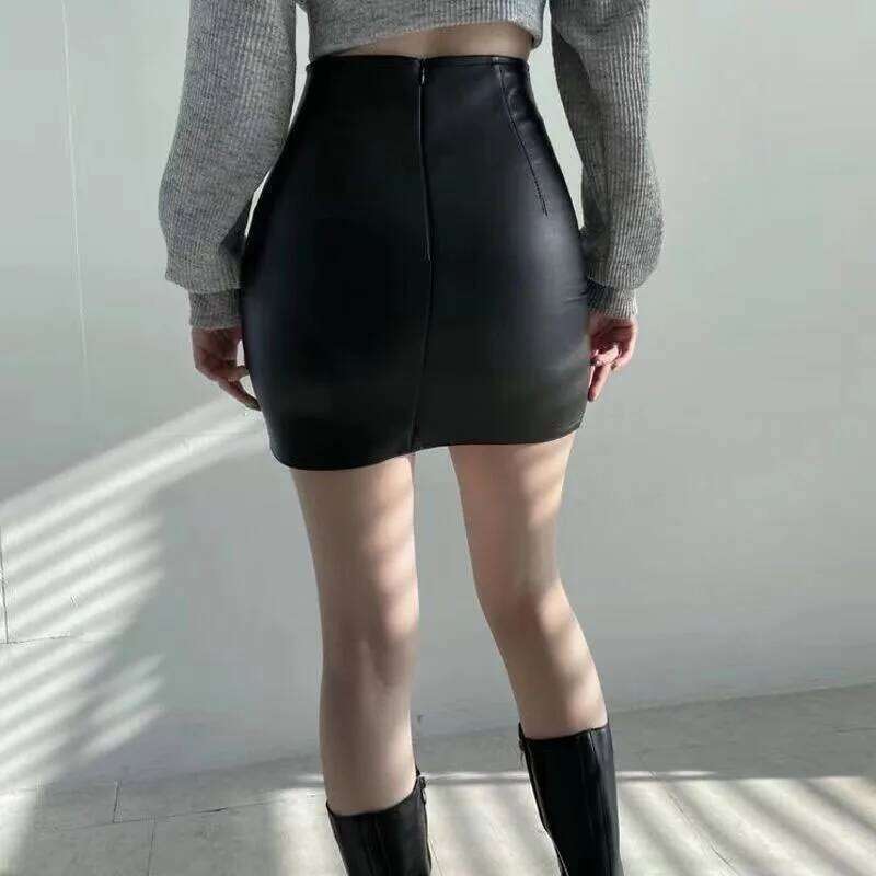 Xpqbb Balck PU Leather Mini Women Sexy Skinny High Waist Side Split Hip Skirts Autumn New Korean Office Lady Short Skirt XJ260131