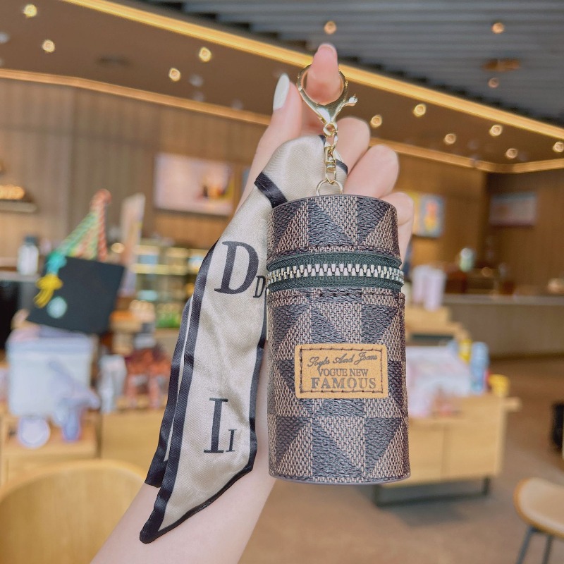 Fashion designer Jewelry Leather Keychain Lipstick Case Classic Print Portable Mini Pouch Bag Charm With Scarf Detail For Women Purse Accessory