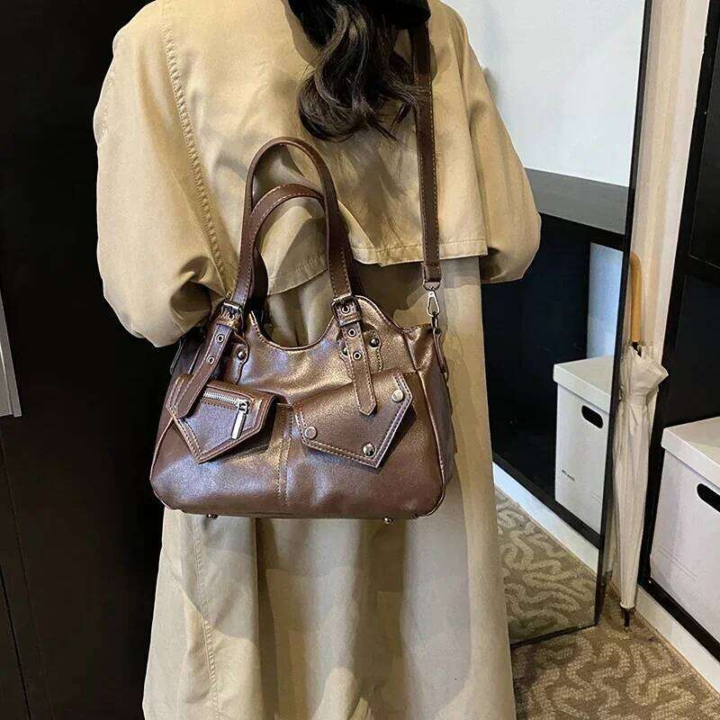 European American Motorcyle Style 2024 Autumn And Winter Fashion Retro Handbag Tote Crossbody Shoulder Bag Big XJ260130