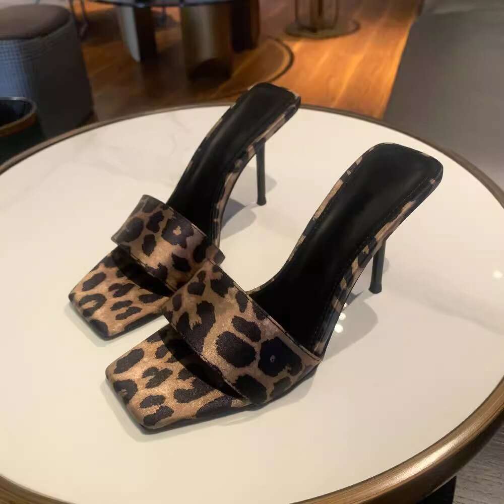 2026 New Satin Leopard Print One-Strap Sandals for Women Sexy High Heels Square peep Toe Elegant Design Shoe Slippers