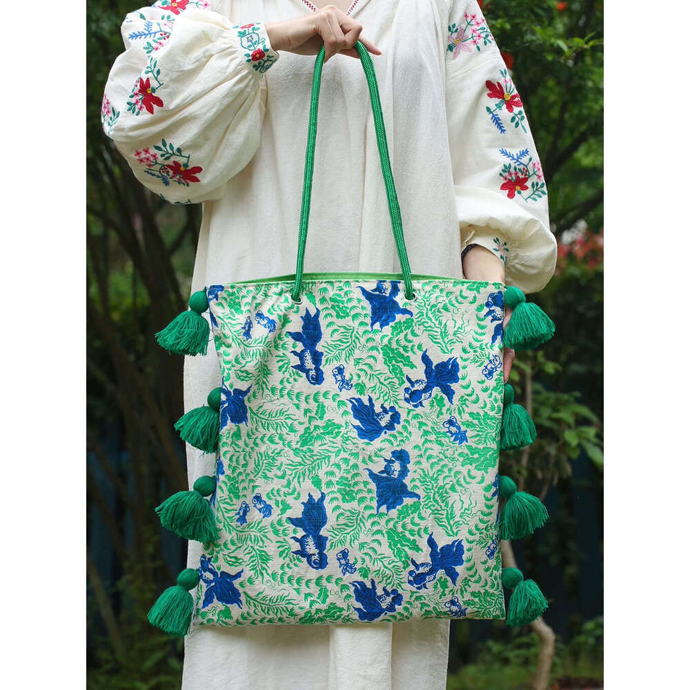 Artistic Niche Ethnic Tassel Large Capacity Underarm Color-Block National Style Single Shoulder Spring Summer Original Canvas Bag MASA