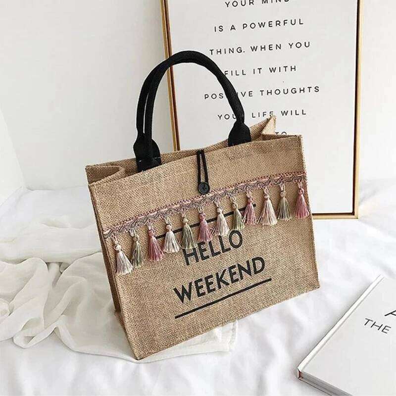 Canvas Handbag Women Large Capacity Tassel Shoulder Simple letter Top-handle Linen Lady Tote Shopping Weekend Bag Bolso XJ260130