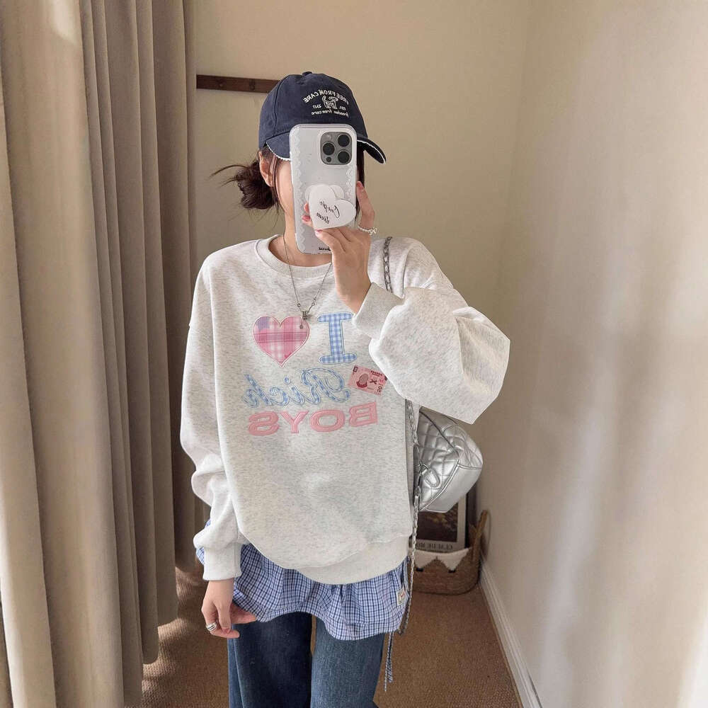 Korean Dongdaemun Patch Embroidery Round Neck Sweatshirt For Women, Autumn New Simple Letter Loose Casual Versatile Long Sleeve