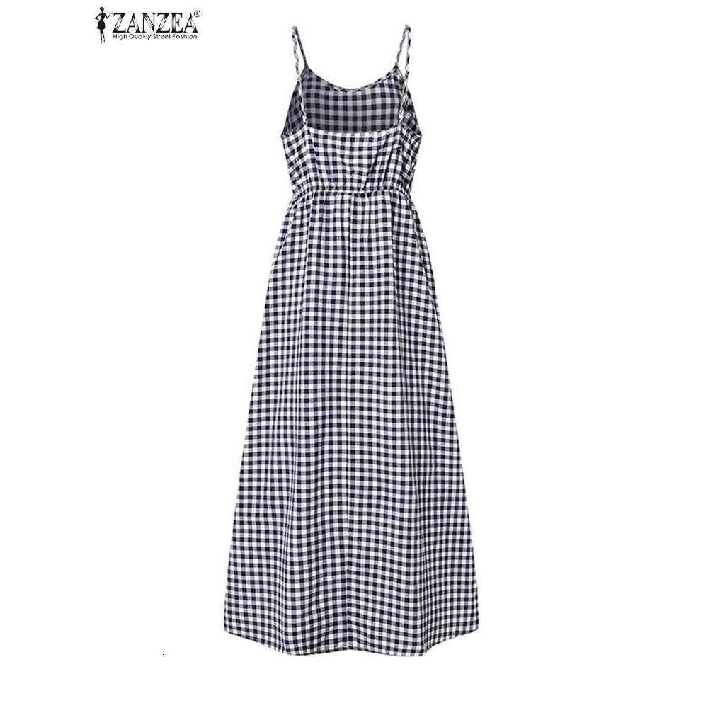 2025 ZANZEA Summer Elegant Sleeveless Maxi Dress Women Straps Dresses Bohemian Holiday Sundress Fashion Plaid Checked Vestidos XJ260131