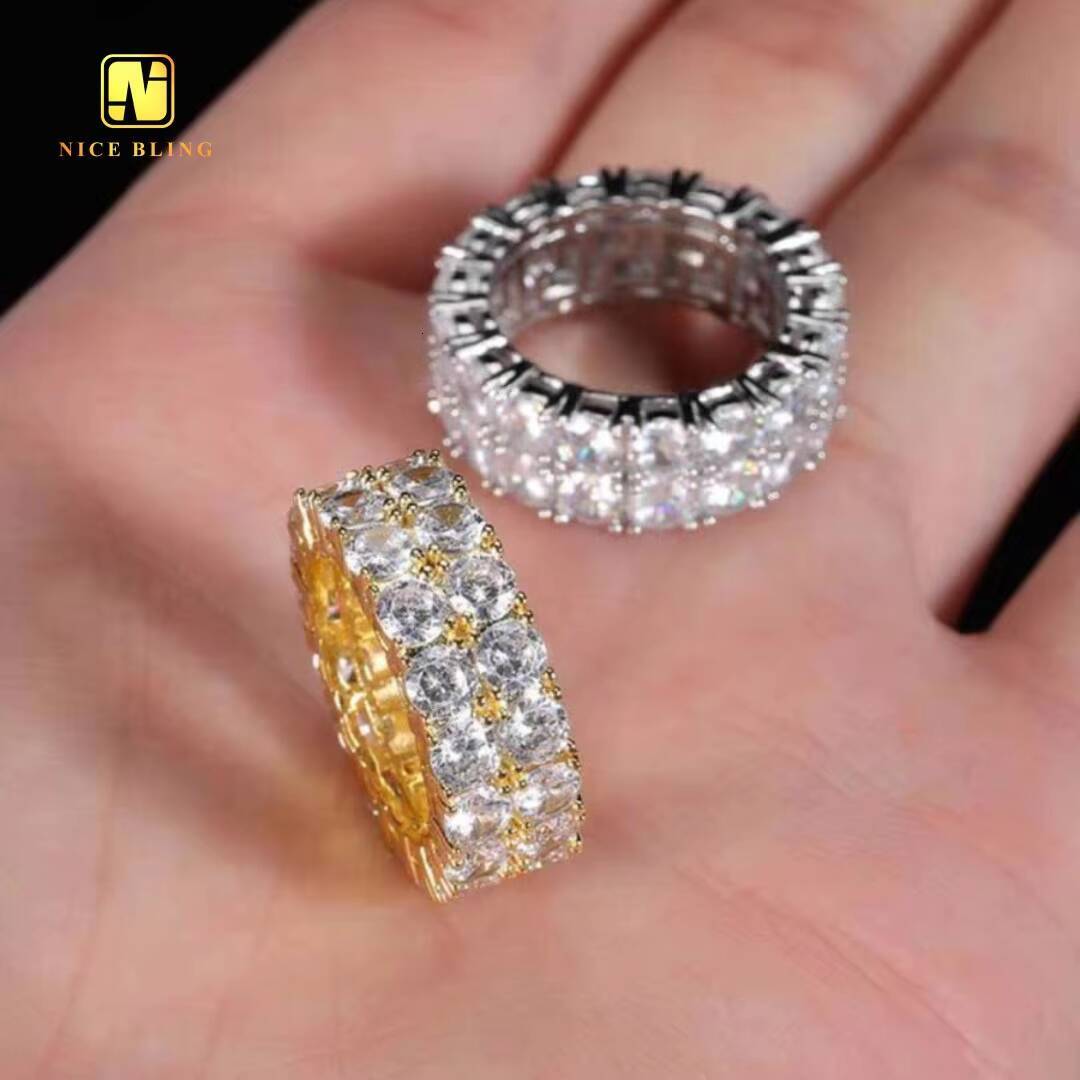 Wholesale Fashion Hiphop Rings 925 Silver Moissanite Diamond Tennis Rings 3mm Double Rows Engagement Wedding Band for Men Women