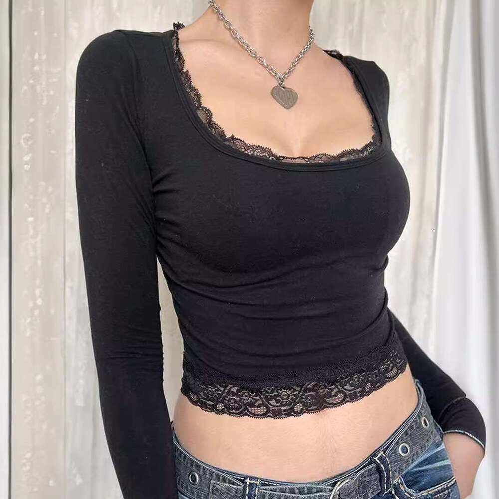 Spring and Autumn Top Hot Girl Style Sexy U-neck Lace Bow Patchwork Slim Fit Long Sleeve T-shirt Y2K Base Shirt