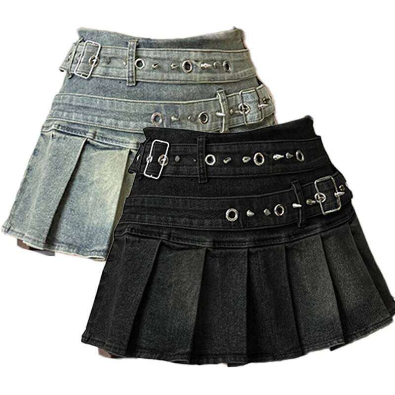 Women's Blue Black Riveted Belt Denim Y2K Harajuku High Street Fashion 90s Sexy A-line Mini Skirt Summer Clothing 2025 New XJ260131