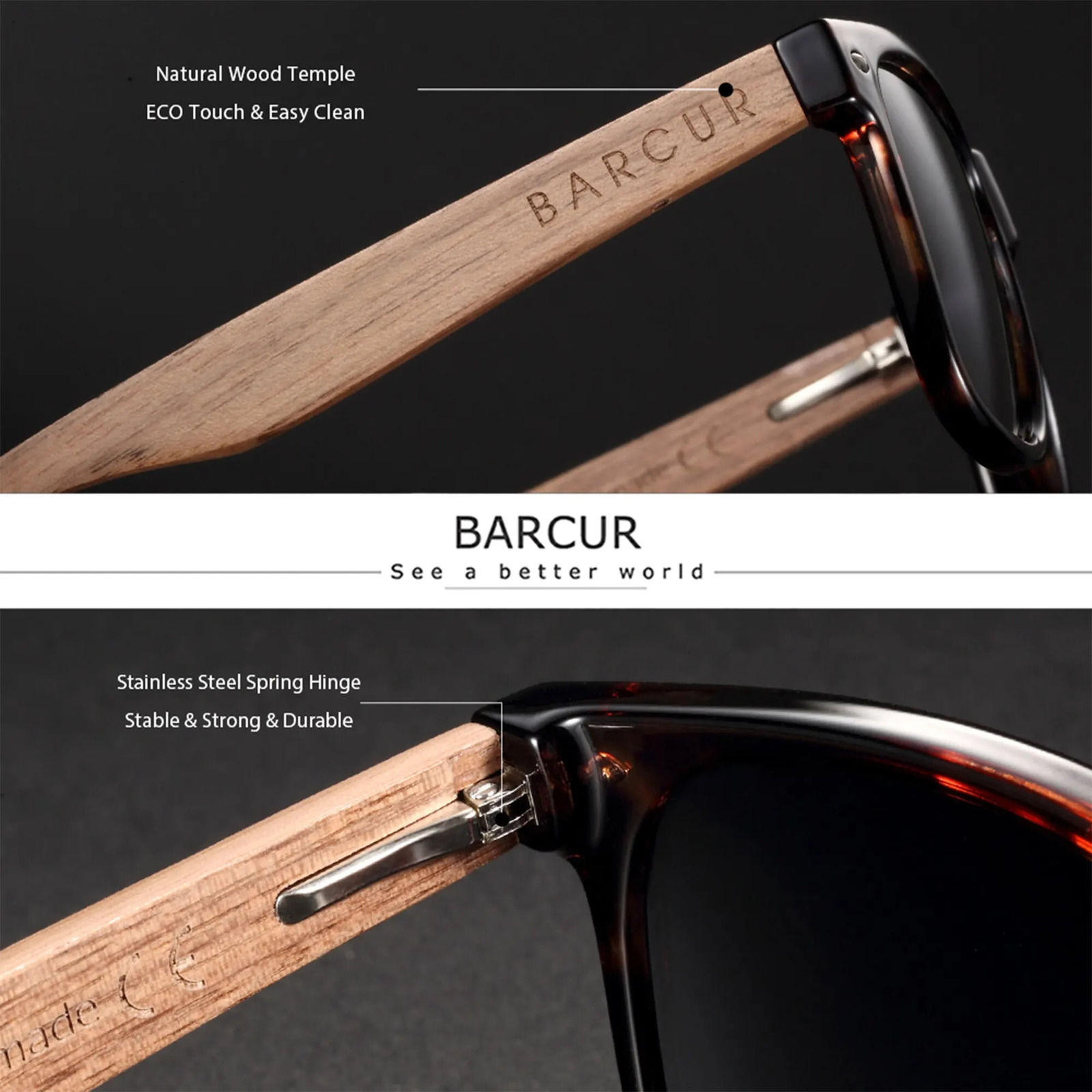 BARCUR Natural Wooden Sunglasses Polarized Mens Sun Glasses Black Walnut Eyewear UV400 Protection 260120
