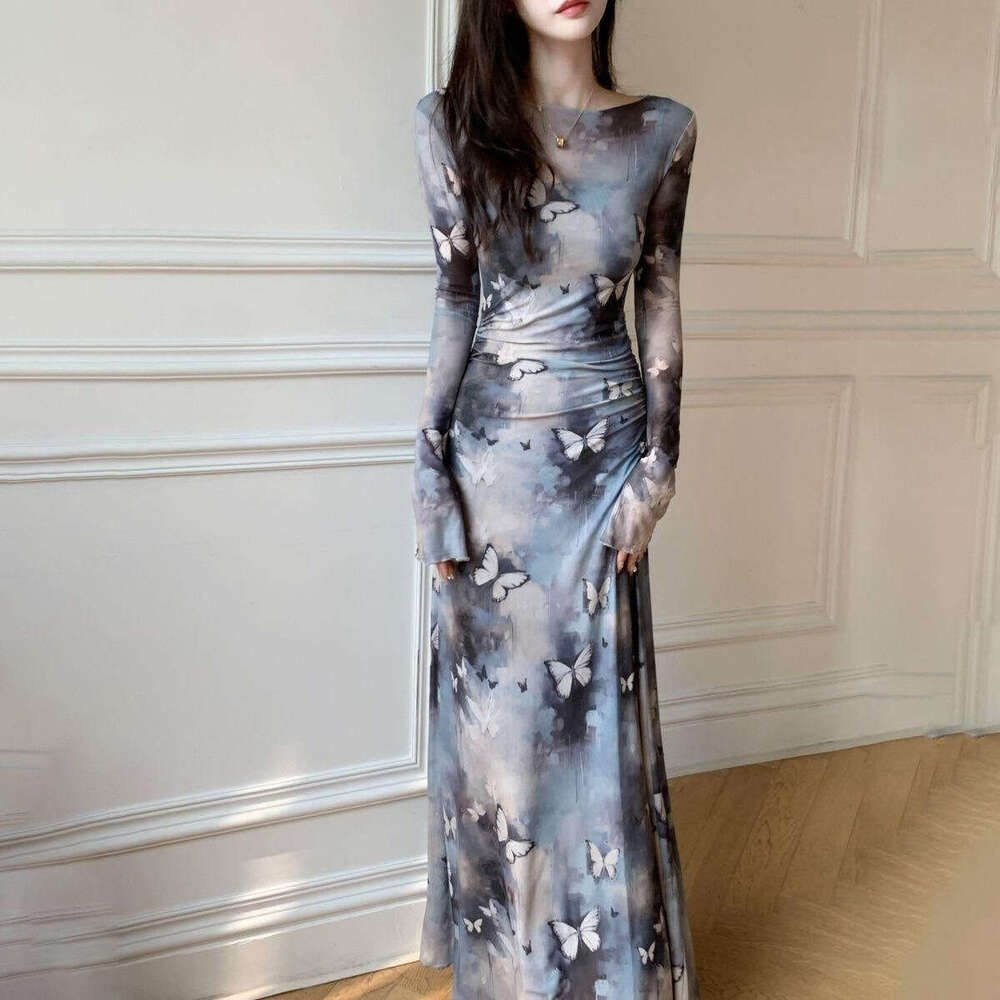 New Cool And Elegant Mesh Long Printed Waist Slim Fit Flared Sleeve Ink Style Dress