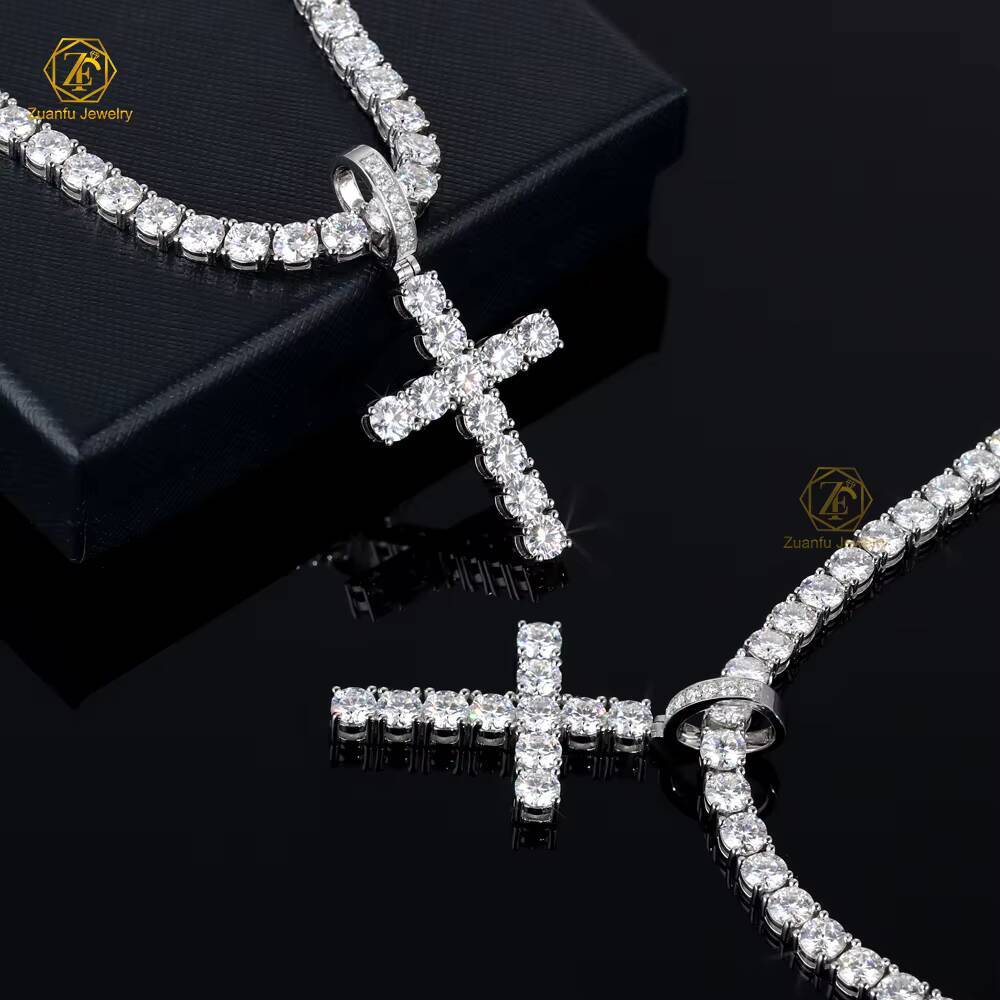 RTS 925 Sterling Silver VVS Moissanite Cross Pendant with 5mm Round Brilliant Cut Diamond GRA for Necklace