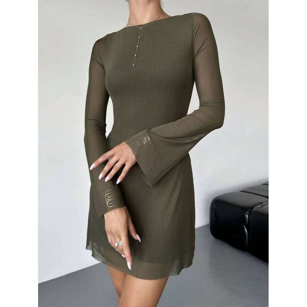 Olive Green Bodycon Mini Dress With Flare Sleeves And Boat Neck, Sexy Elegant Women's Fashion